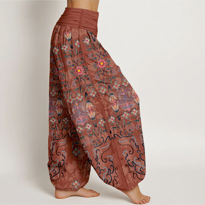 Buddha Stones Pure Cotton Blooming Multicolored Floral Women's Elastic Waist Harem Pants