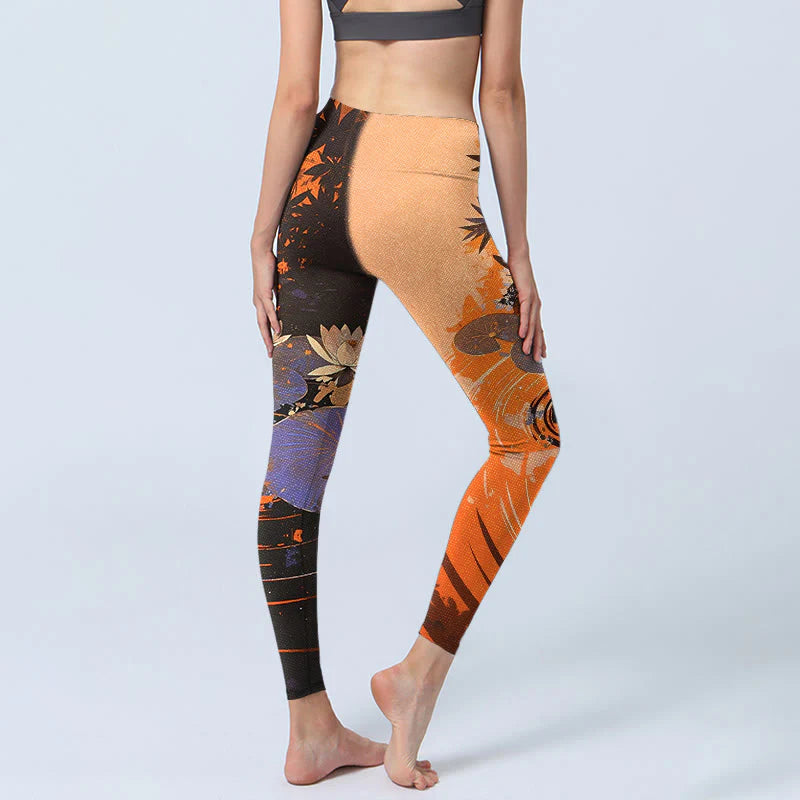 Buddha Stones Lotus Flowers Leaves Water Ripples Pattern Print Gym Leggings Women's Yoga Pants