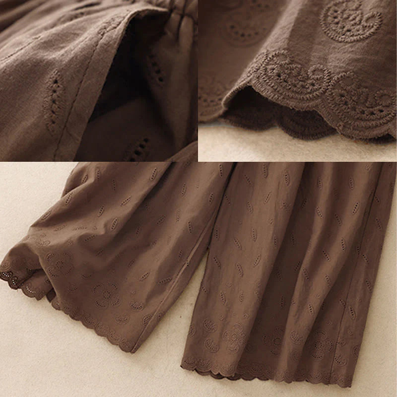Buddha Stones Summer Vintage Embroidery Lace Hem Patchwork Design Women's Wide Leg Cotton Pants With Pockets