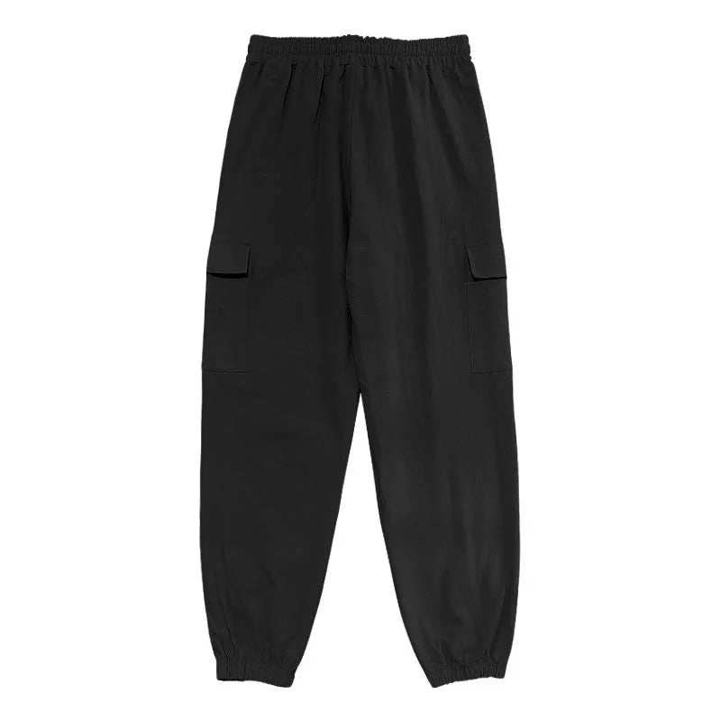 Buddha Stones Solid Color Linen Drawstring Men's Cargo Pants With Pockets