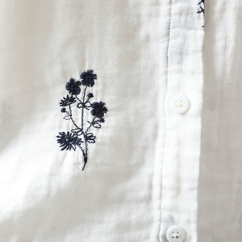 Buddha Stones Floral Embroidery Buttons Down Long Sleeve Women's Cotton Shirt