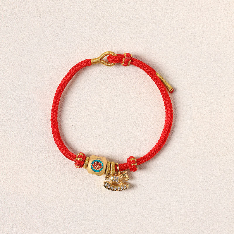Buddha Stones Year Of The Horse Copper Red String Fu Character Lotus Luck Bracelet