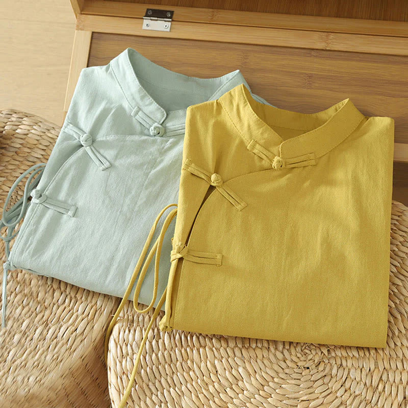 Buddha Stones Casual Vintage Chinese Frog-Button Lace-Up Patchwork Design Women's Cotton Shirt
