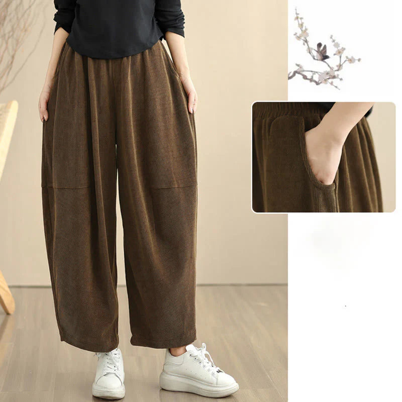 Buddha Stones Women's Fall Patchwork Plain Corduroy Harem Pants With Pockets