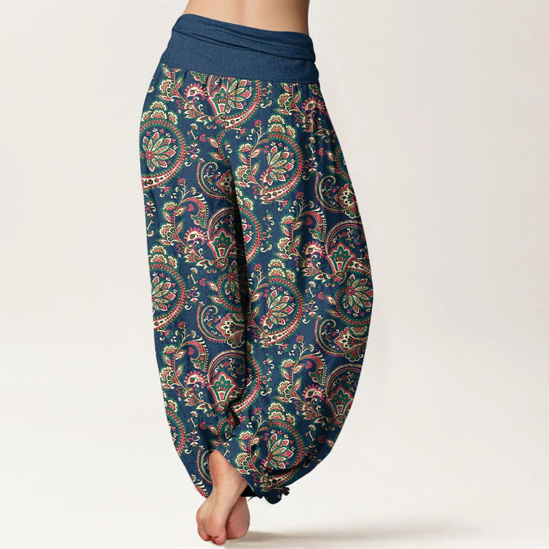 Buddha Stones Cotton Retro Complex Flowers Leaves Vine Pattern Women's Elastic Waist Harem Pants