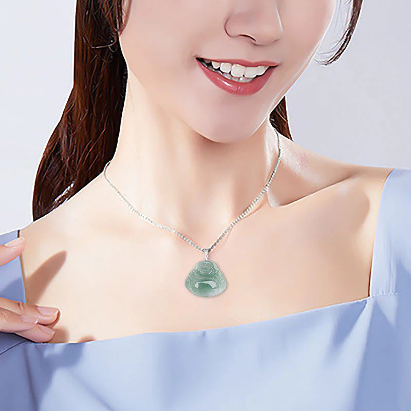 Buddha Stones Laughing Buddha Jade Protection Calm Titanium Steel Chain Necklace Pendant