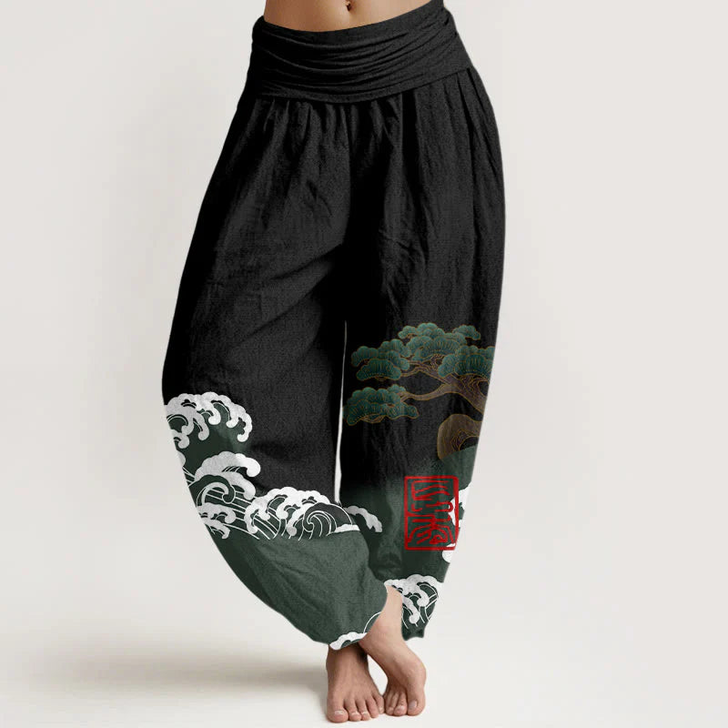 Buddha Stones Print Pure Cotton Pine Tree Rolling Waves Pattern Women's Elastic Waist Harem Pants