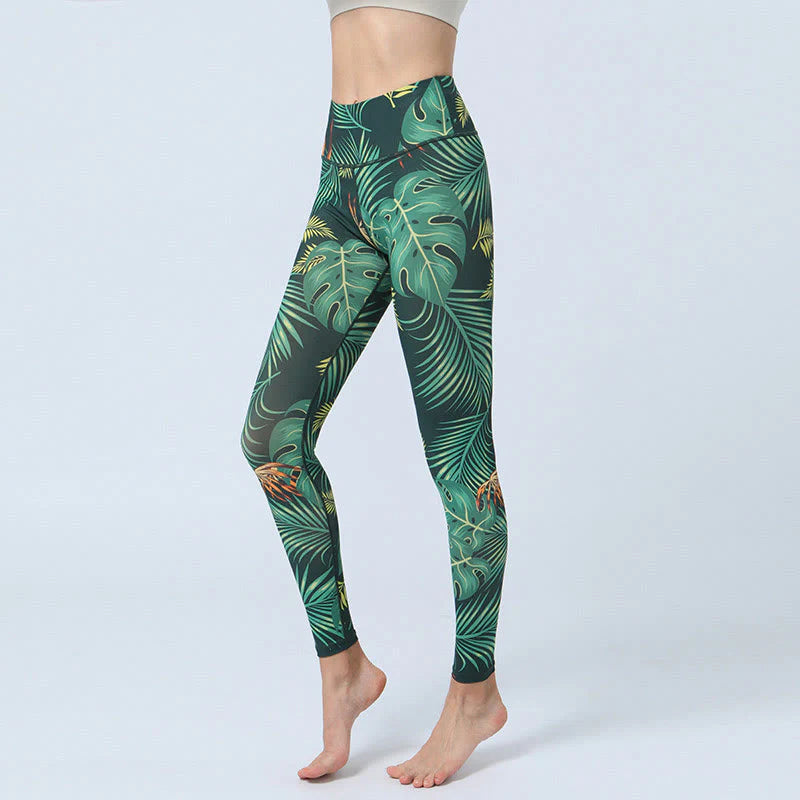 Buddha Stones Leaves Print Sports Fitness Yoga High Waist Leggings Women's Yoga Pants