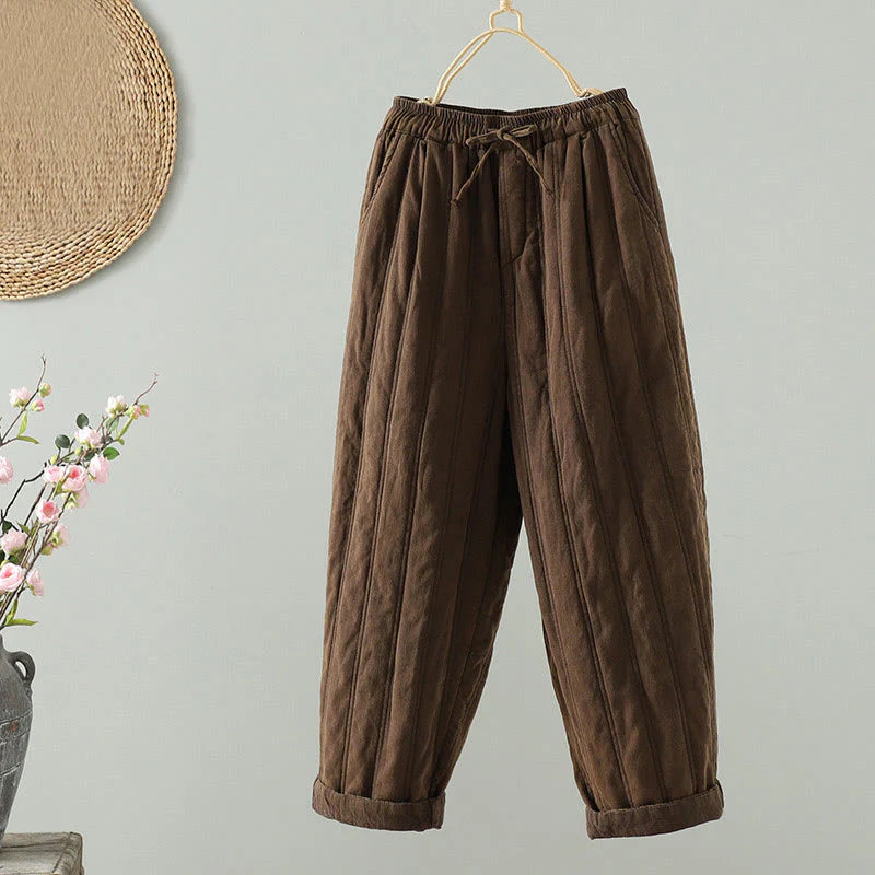 Buddha Stones Daily Plain Drawstring Design Women's Harem Elastic Waist Cotton Pants With Pockets