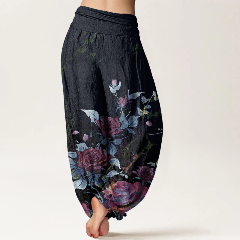 Buddha Stones Cotton Blooming Roses Pattern Women's Elastic Waist Harem Pants