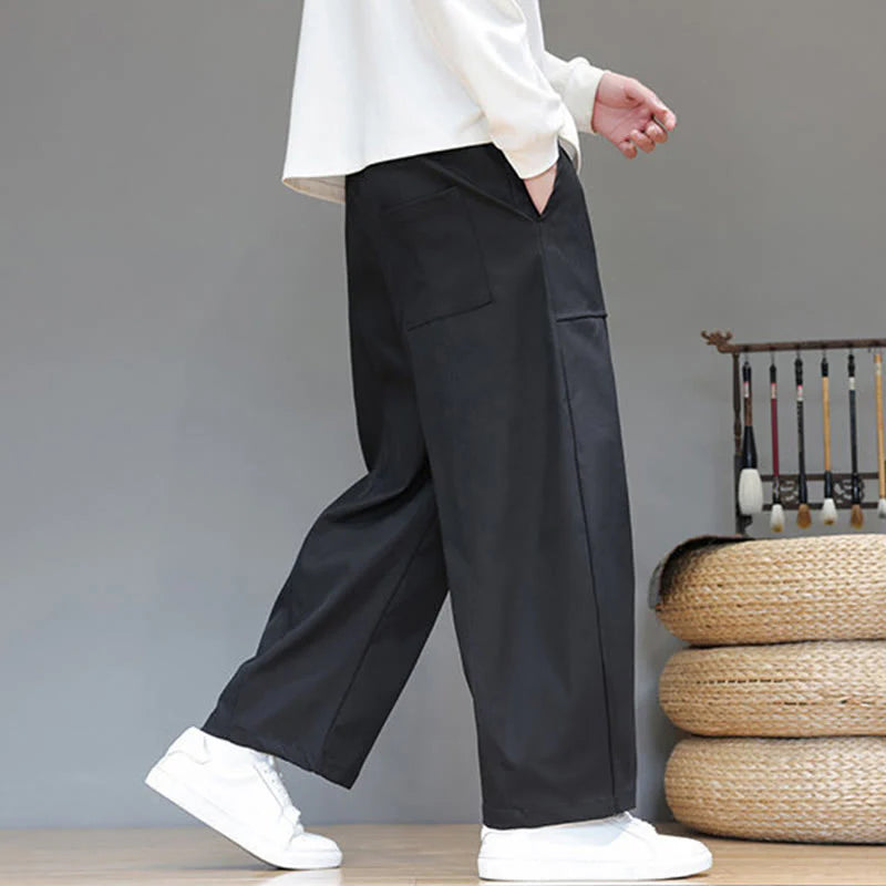 Buddha Stones Fall Pure Color Cotton Men's Cropped Harem Pants With Pockets