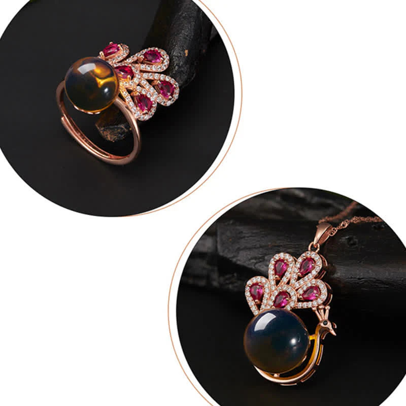 Buddha Stones Peacock Amber Fortune Love Necklace Pendant Ring