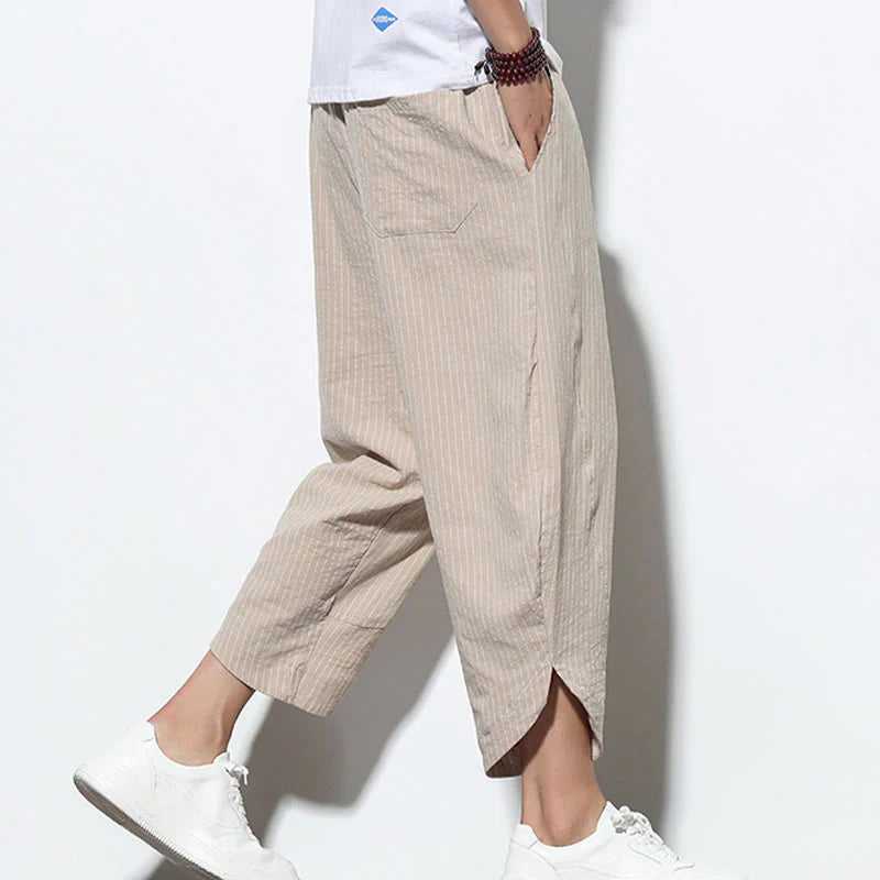Buddha Stones Summer Stripes Pattern Drawstring Cotton Linen Men's 7-8 Length Harem Pants With Pockets
