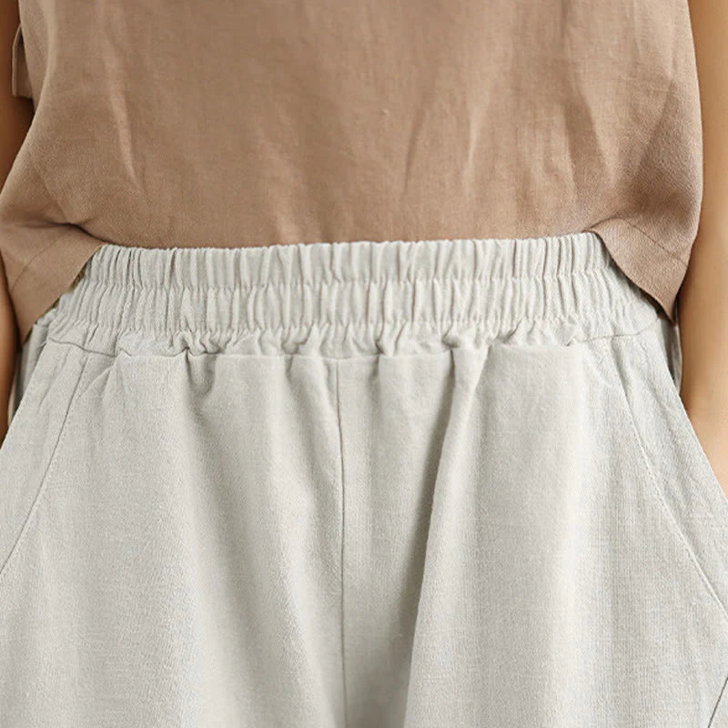 Buddha Stones Spring 7-8 Length Solid Color Women's Cotton Linen Harem Pants With Pockets