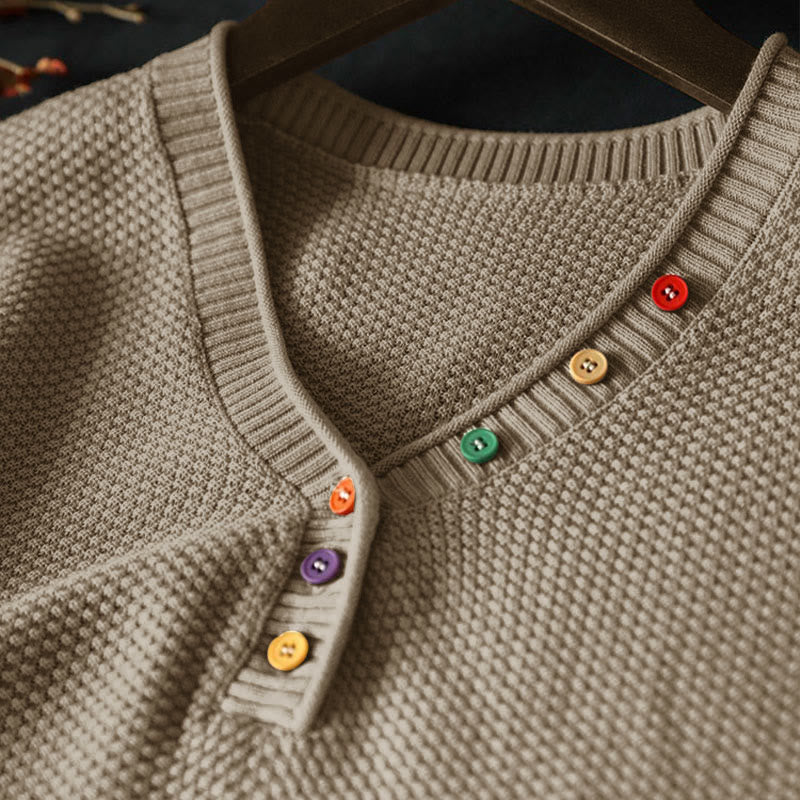 Buddha Stones Fall Colorful Buttons V-Neck Cotton Women's Long Sleeve Knitted Sweater