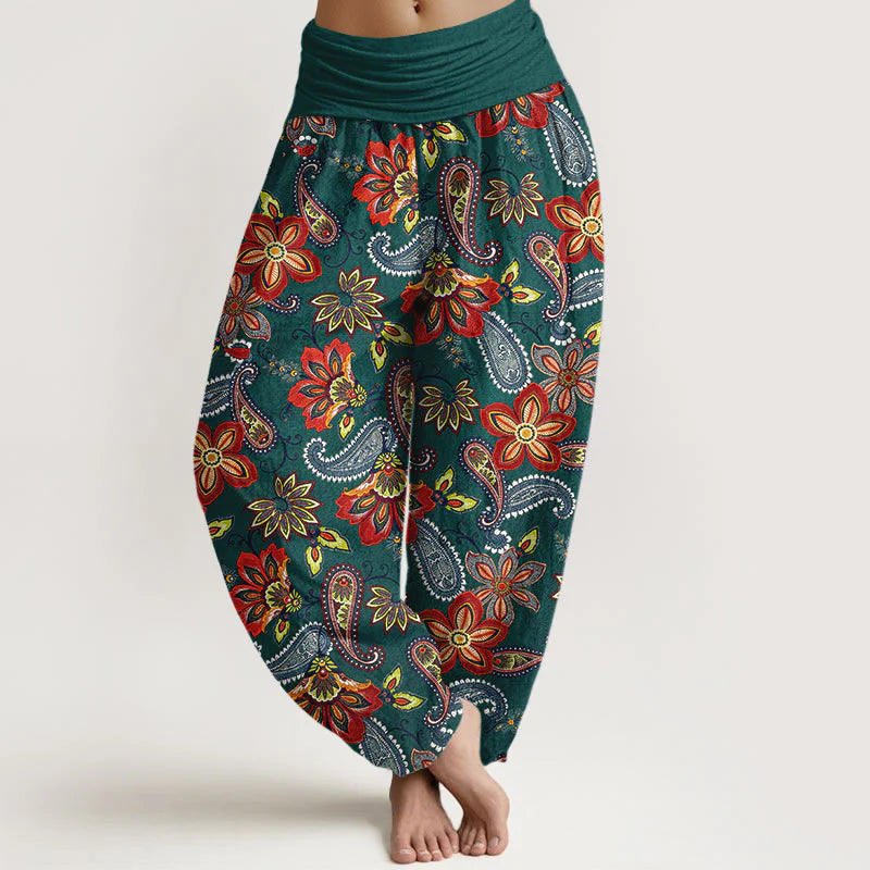 Buddha Stones Women's Elastic Waist Paisley Floral Pattern Pure Cotton Harem Pants