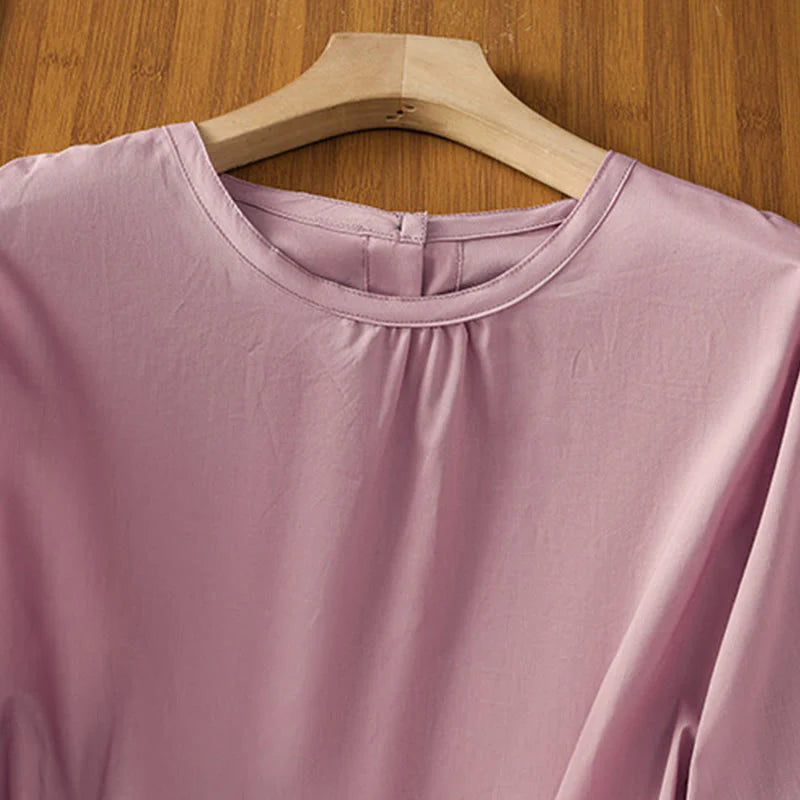 Buddha Stones Plain Lace Hem Single Breasted Button Cotton Linen Three Quarter Sleeve Women's Crew Neck Shirt