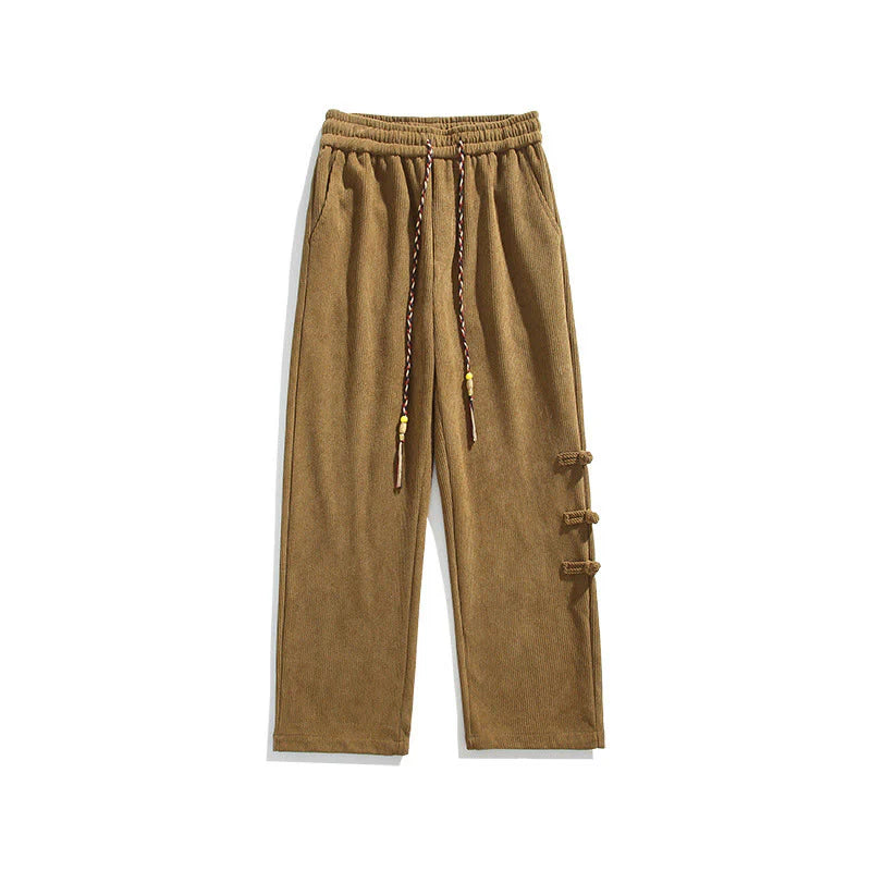 Buddha Stones Plain Chinese Frog-Button Design Drawstring Men's Corduroy Pants With Pockets