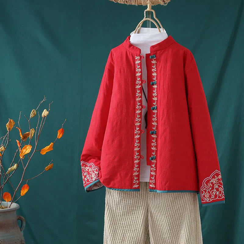 Buddha Stones Winter Frog-Button Embroidery Flowers Vines Open Front Cotton Long Sleeve Women's Thermal Jacket