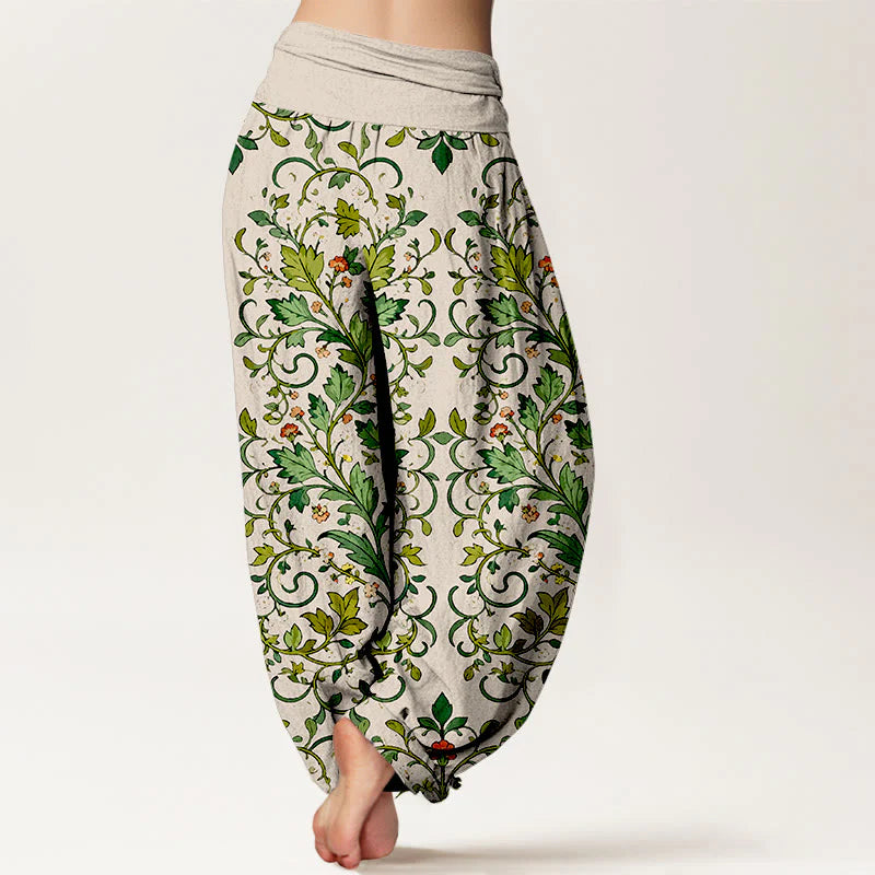 Buddha Stones Pure Cotton Classical Symmetrical Plant Leaf Pattern Women's Elastic Waist Harem Pants