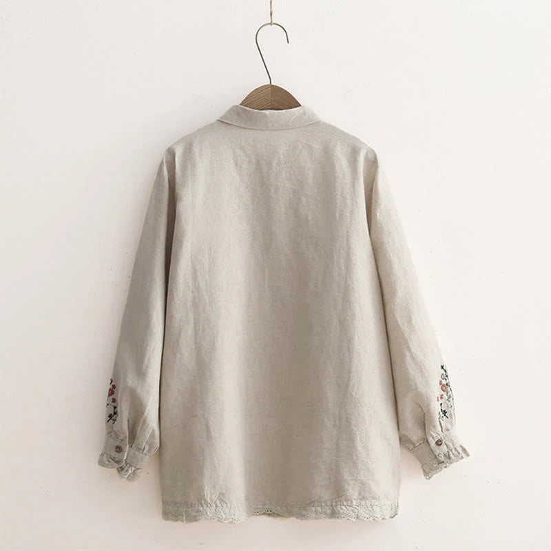 Buddha Stones Fall Beige Floral Grass Embroidery Buttons Women's Cotton Long Sleeve Shirt