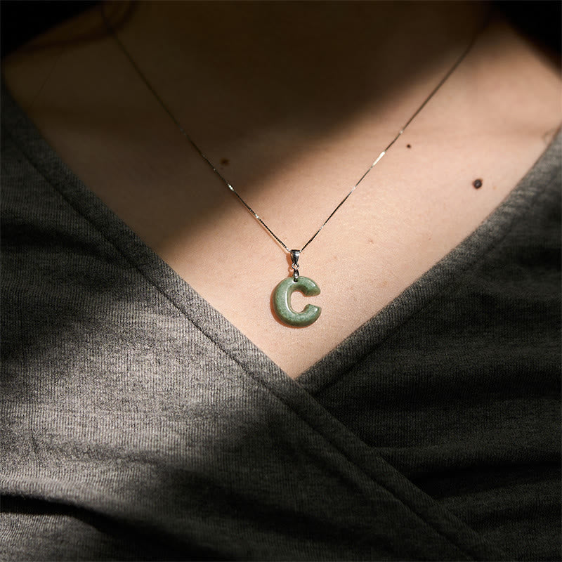 Buddha Stones Natural A-Z Letter Jade 925 Sterling Silver Silm Chain Prosperity Necklace Pendant