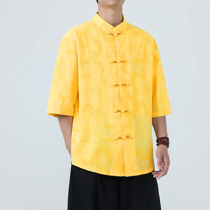 Buddha Stones Summer Dragon Auspicious Clouds Pattern Tang Suit Men's Frog-Button Half Sleeve Cotton Shirt