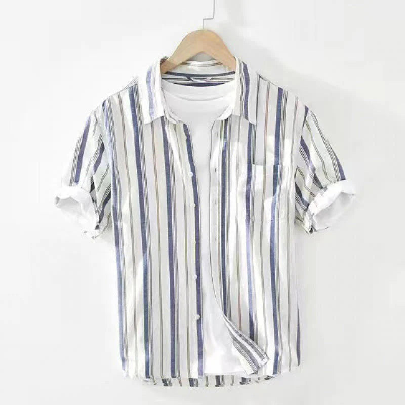 Buddha Stones Fall Stripe Decorative Pocket Buttons Down Long Sleeve Three Quarter Sleeve Short Sleeve Men's Cotton Shirt