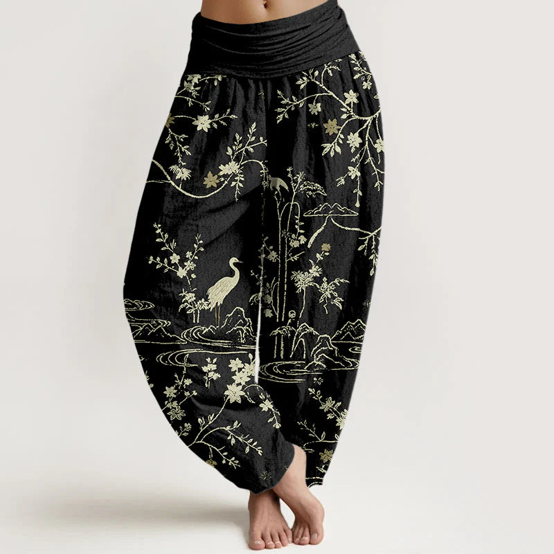 Buddha Stones Crane Floral Tree Branches Pattern Print Women's Elastic Waist Harem Pure Cotton Pants