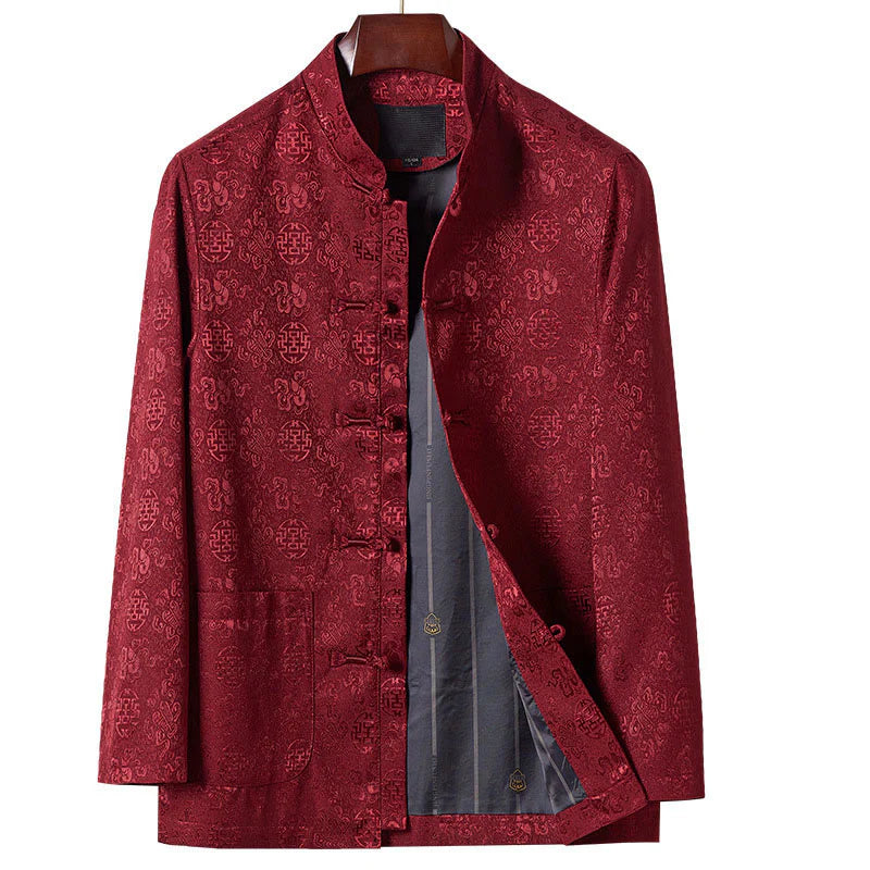 Buddha Stones Embroidery Pattern Stand Collar Long Sleeve Men's Tang Suit Jacket With Pockets