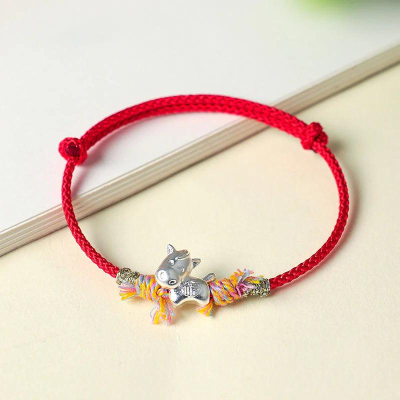 Buddha Stones Year of the Horse 999 Sterling Silver Winged Horse Fu Character Red String Luck Bracelet