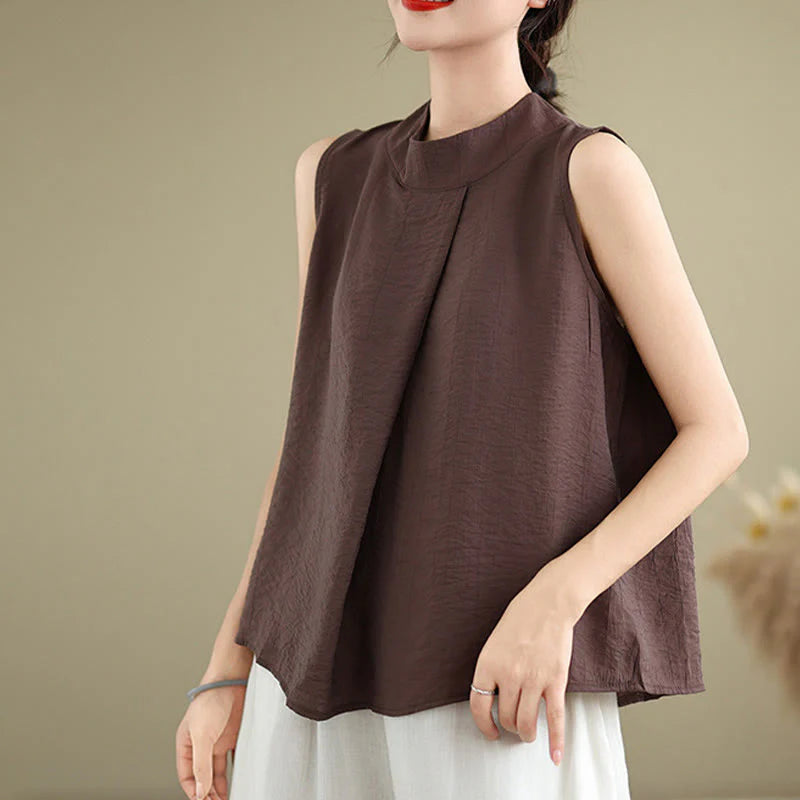 Buddha Stones Casual Plain Back Buttom Design Stand Collar Cotton Linen Women's Sleeveless Vest
