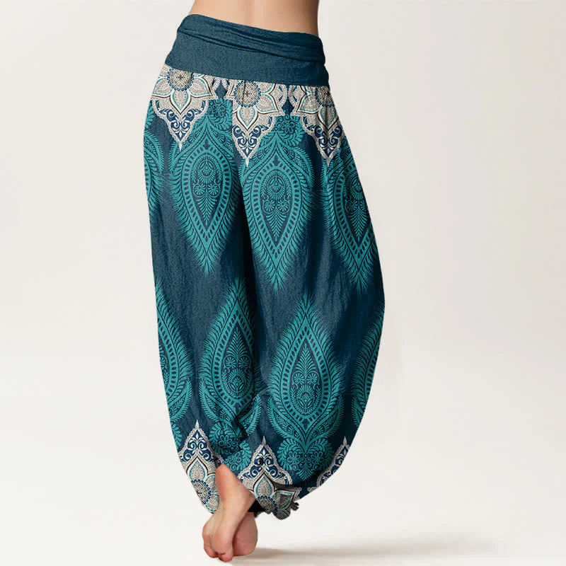 Buddha Stones Cotton Casual Feather Flower Design Women's Elastic Waist Harem Pants