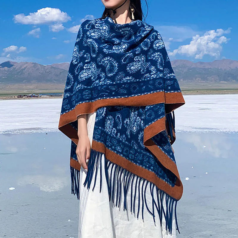 Buddha Stones Navy Paisley Pattern Patchwork Design Tassel Scarf Shawl