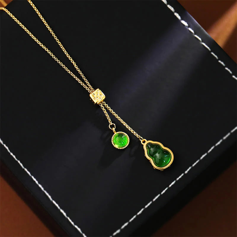 Buddha Stones Gourd Green Agate Copper Inlaid Design Luck Necklace Pendant