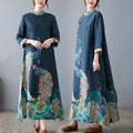 Buddha Stones Fall Colorful Peacocks Mandala Frog-Button Three Quarter Sleeve Cotton Women's Midi Dress