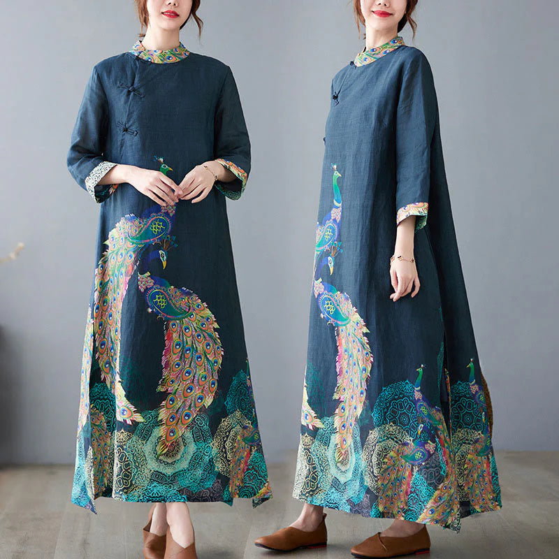 Buddha Stones Fall Colorful Peacocks Mandala Frog-Button Three Quarter Sleeve Cotton Women's Midi Dress