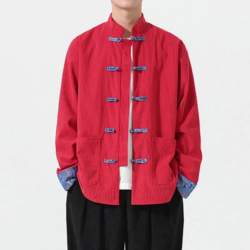 Buddha Stones Floral Design Long Sleeve Men's Cotton Corduroy Tang Suit Jacket With Pockets