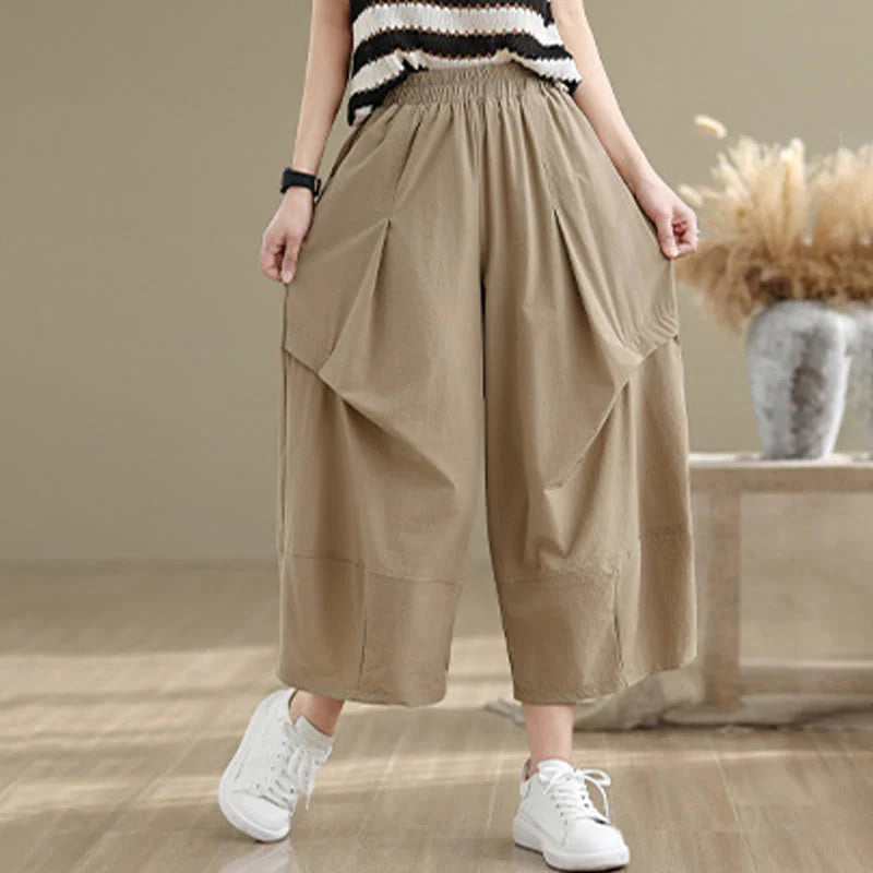 Buddha Stones Summer Irregular Pleating Design Cotton Women's Wide Leg Pants With Pockets