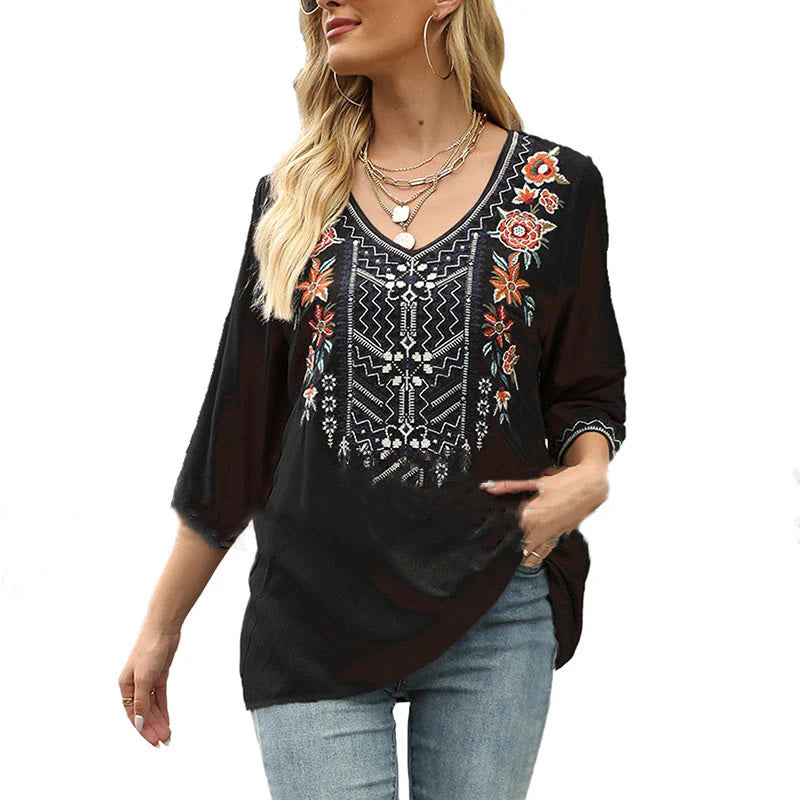Buddha Stones Spring Casual Plain Embroidery Floral Pattern Design Three Quarter Sleeve V-neck Women's T-Shirt