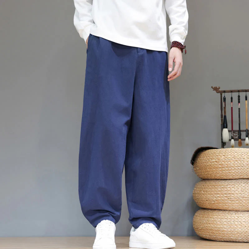Buddha Stones Fall Sports Men's Pure Color Button Design Cotton Pants With Pockets