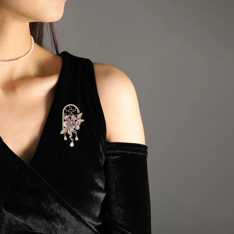 Buddha Stones Chinese-style Window Purple Peony Flower Tassel Copper Brooch