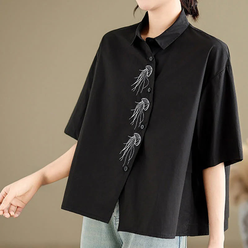Buddha Stones Casual Women's Embroidered Jellyfish Pattern Stand Collar Buttons Design Half Sleeve Cotton Shirt