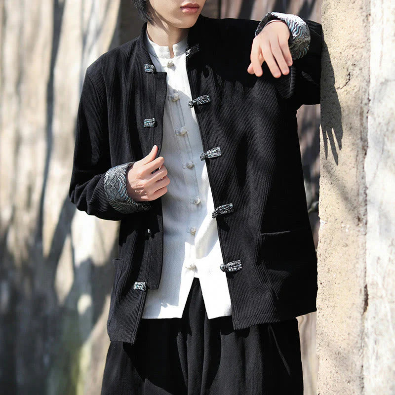 Buddha Stones Spring Jacquard Frog-Button Men's Cotton Corduroy Long Sleeve Jacket With Pockets