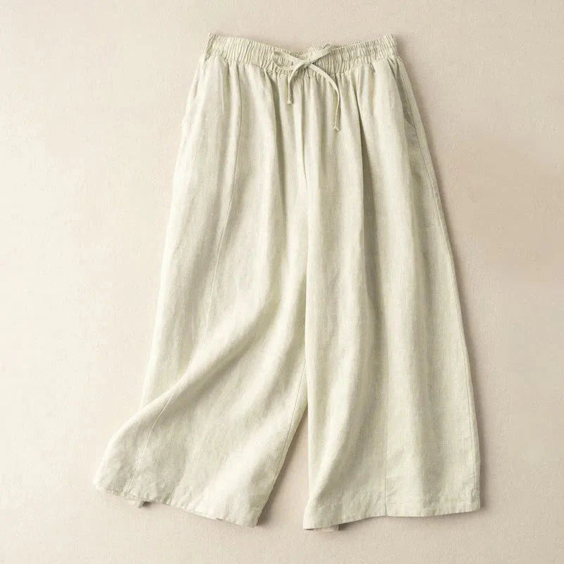 Buddha Stones Plain Color 7-8 Length Capri Cropped Pants Cotton Linen Women's Wide Leg Pants With Pockets