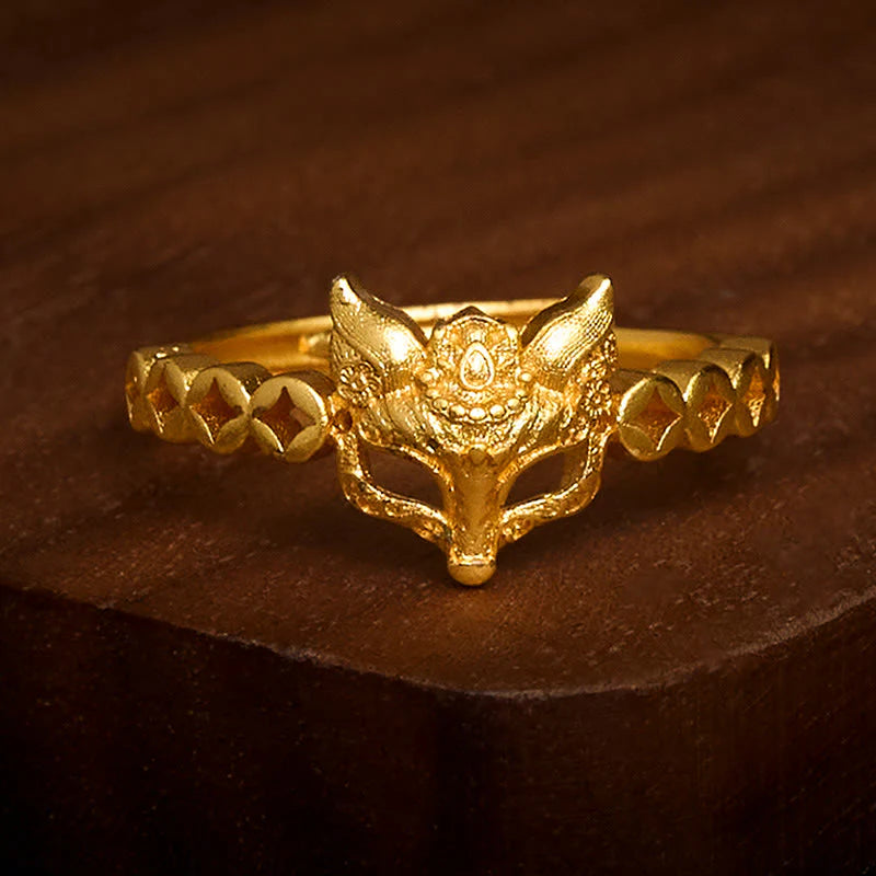 Buddha Stones 24k Gold Plated Brass Fox Coin Hollow Design Adjustable Ring
