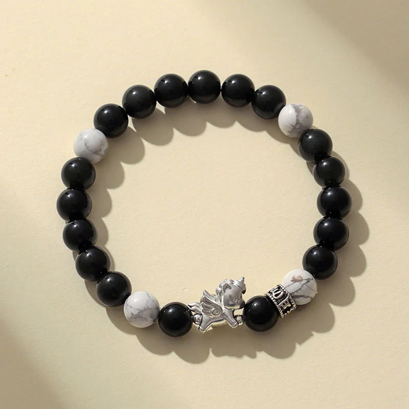 Buddha Stones 999 Sterling Silver Year Of The Horse Natural Black Obsidian Bodhi Seed Strength Bracelet
