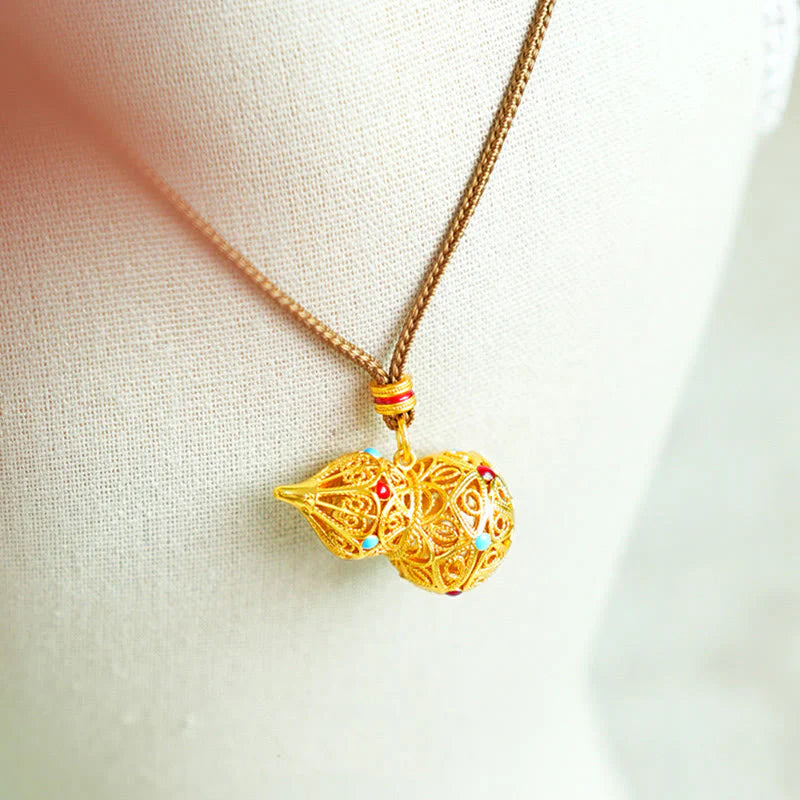 Buddha Stones Hollow Gourd Design 24k Gold Plated Brass Rope Necklace Pendant