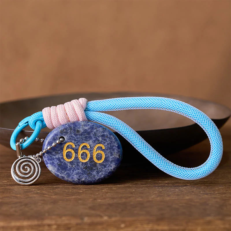 Buddha Stones Wishing Balance and Inner Peace 666 Angel Number Natural Sodalite Key Chain Hanging Decoration Includes Gift Message Card
