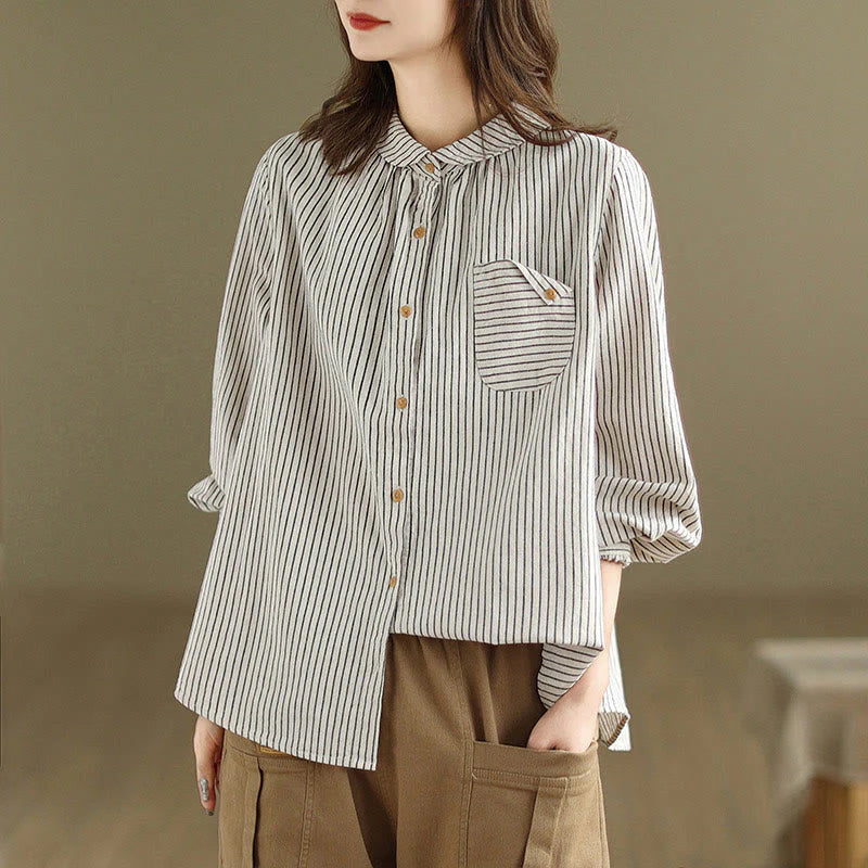 Buddha Stones Spring Causal Splice Design Striped Long Sleeve Button Lapel Cotton Linen Women's Shirt With Pocket